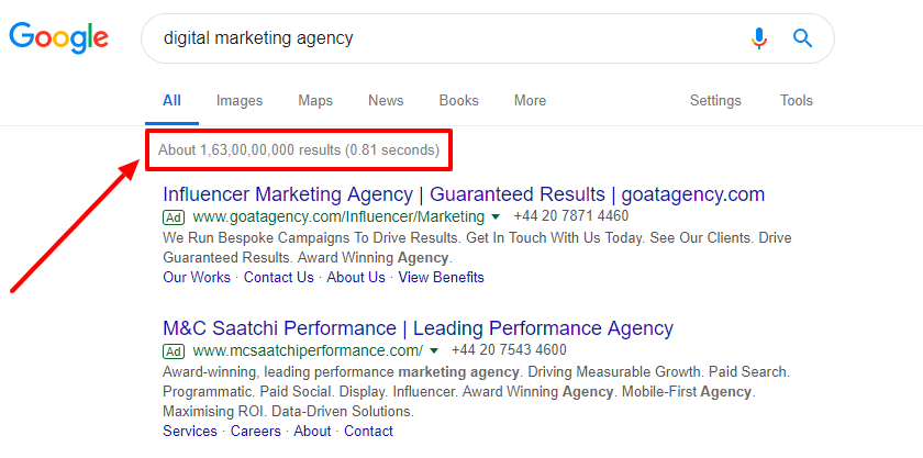 google search result for digital marketing agency